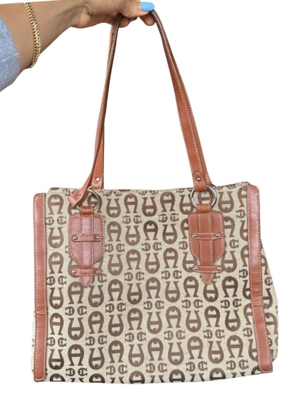 Vintage Etienne Aigner Monogram Canvas & Leather Shoulder Bag Tote